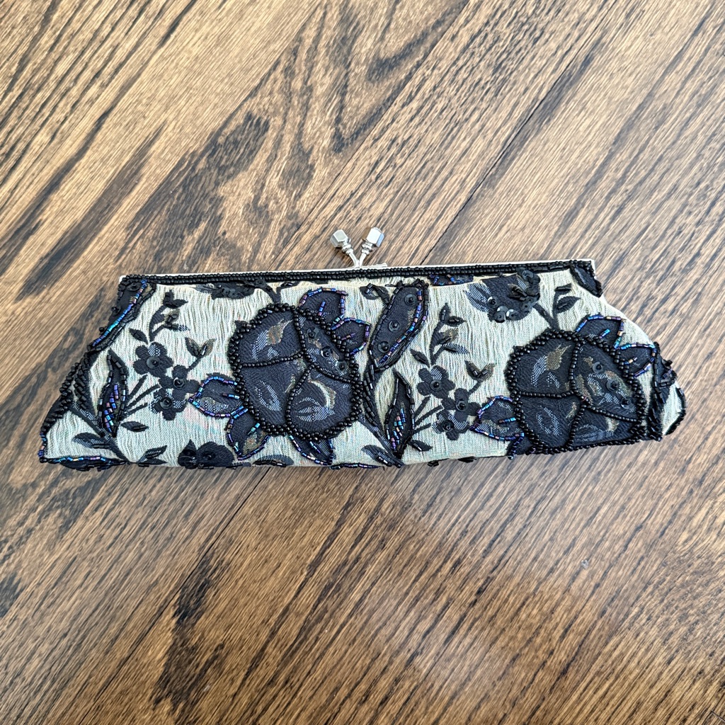 Vintage Embroidered Black Floral Beaded Handle Evening Clutch
